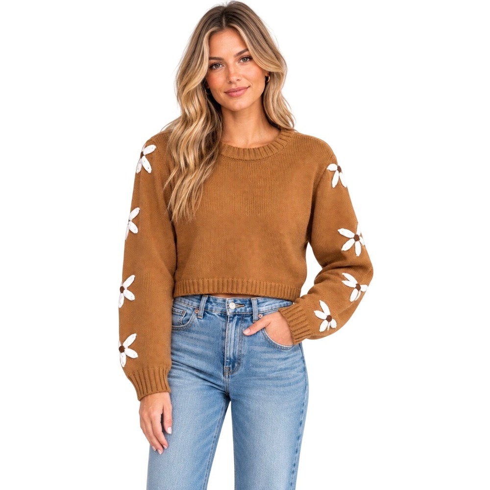 Altar'd State Brown Daisy Embroidered Cropped Knit Sweater Small